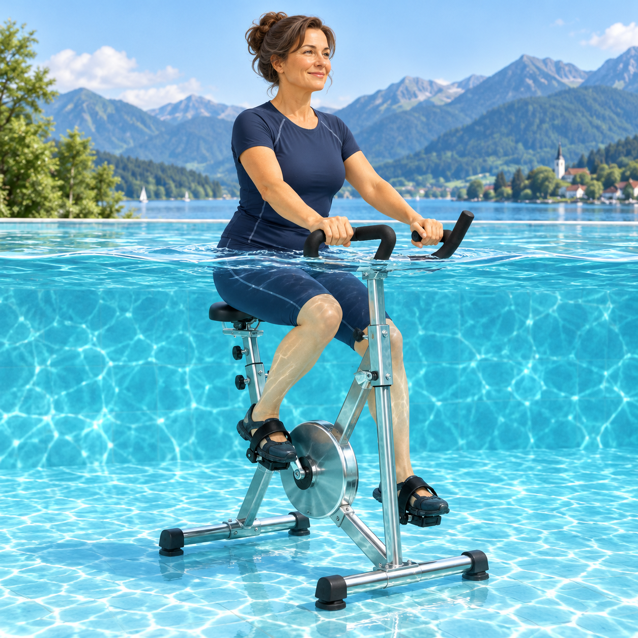 Illustration einer Teilnehmerin beim AquaBiking im Wasser